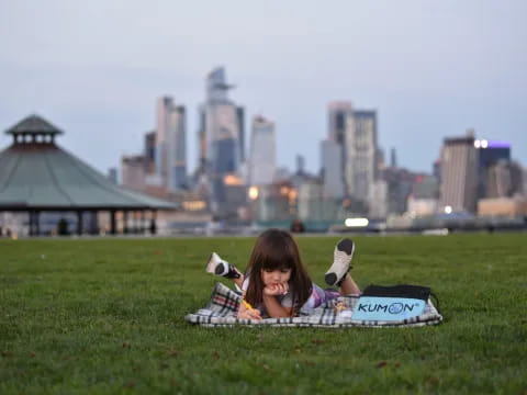 a person lying on a blanket in a grassy area with a city in the background