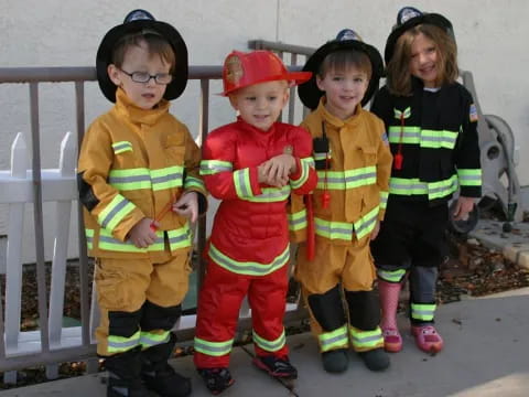 a group of children in firefighter uniforms