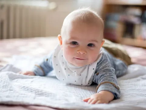 a baby lying on a bed