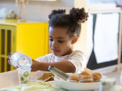 a little girl eating at a table