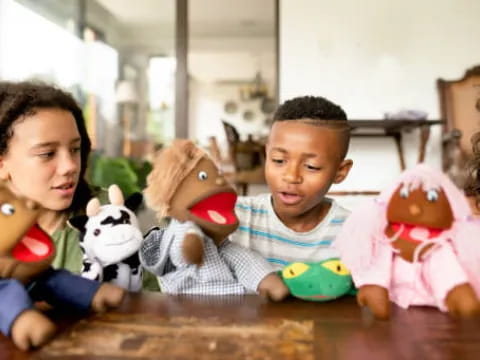 a group of children sitting at a table with stuffed animals