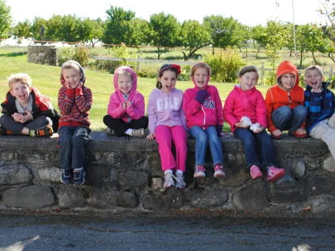 a group of children sitting on a stone wall