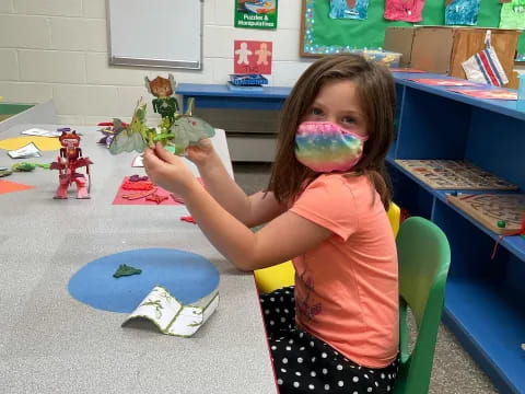 a girl with a painted face sitting in a chair in a classroom