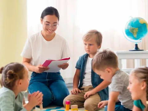 a person reading a book to a group of children