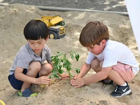 two boys playing with plants
