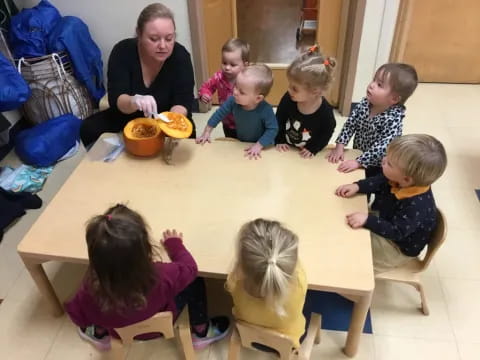 a person and several children sitting at a table