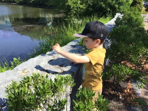 a child pointing at a pond