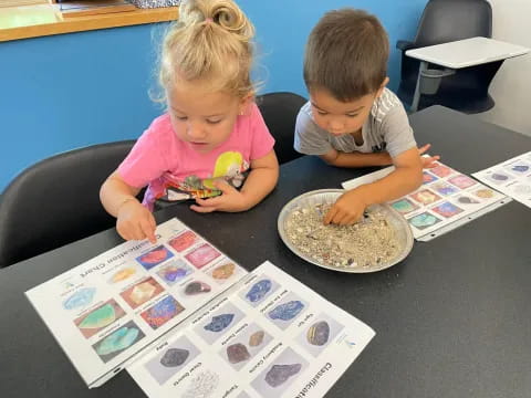 a couple of children eating at a table