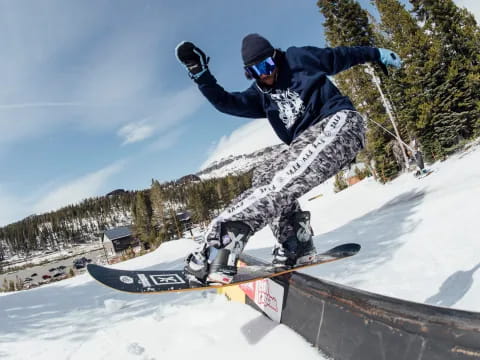 a snowboarder doing a trick on a rail