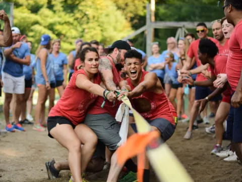 a group of people running