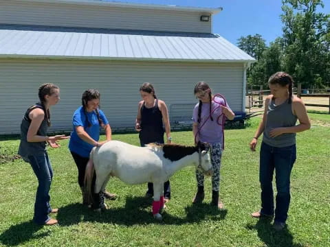 a group of women standing next to a dog