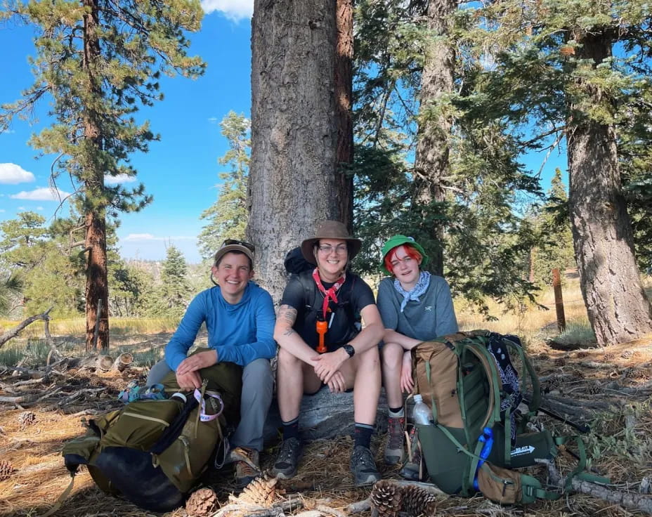 a group of people sitting on a rock in the woods