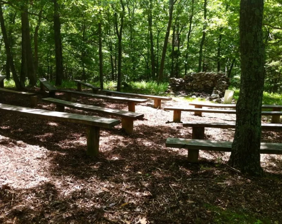 a group of benches sit in a park