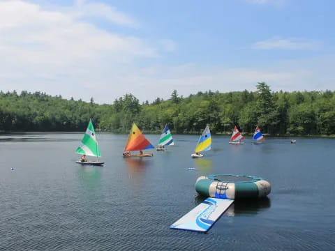 a group of boats on a lake