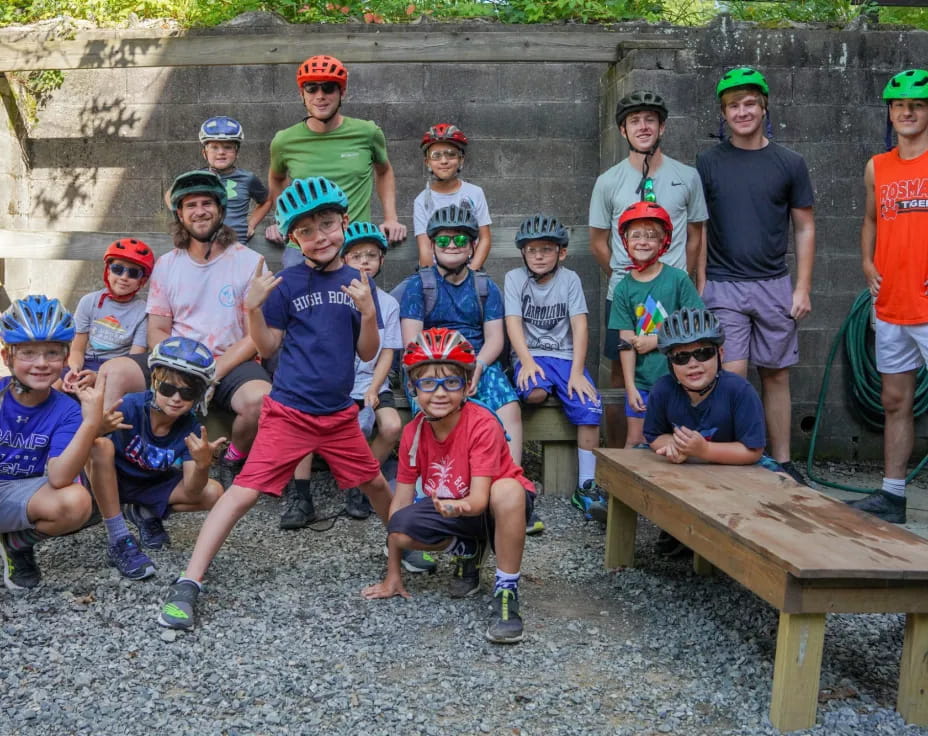 a group of people wearing helmets