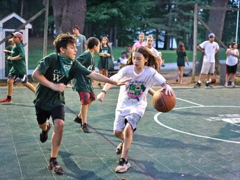 a group of kids playing basketball