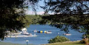 a body of water with boats in it and trees around it