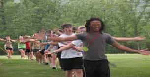 a group of people running