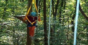 a person from a rope in the woods