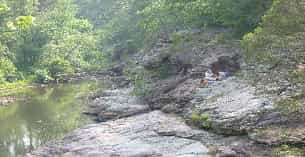 a person sitting on a rock in a forest