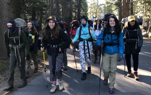 a group of people walking on a path in the woods