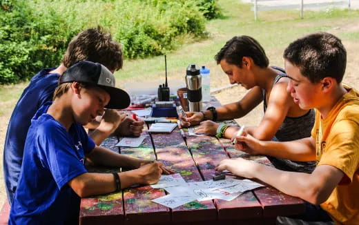 a group of people sitting around a table looking at a map