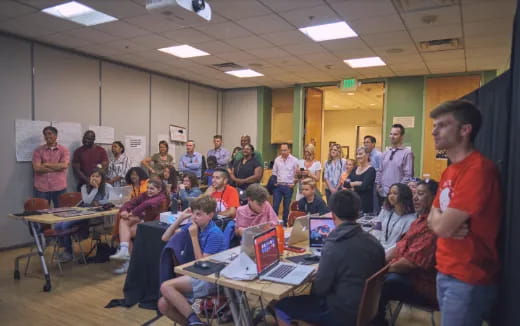 a group of people in a classroom