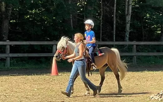 a person and a child riding a horse