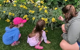 a person and two children sitting in a grassy area with yellow flowers