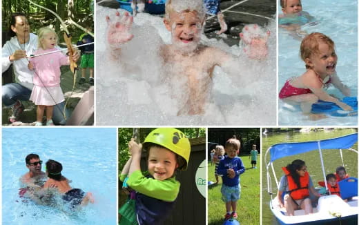 a collage of a boy and a girl in a pool