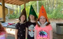 a group of children wearing party hats