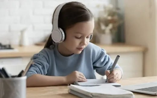 a young boy wearing headphones and writing on a book