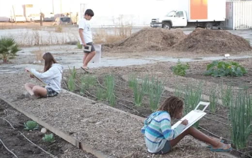 a group of people working in a garden