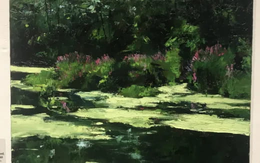 a pond with lily pads and flowers