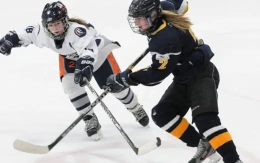 a couple of people playing hockey