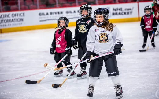 a group of people playing hockey