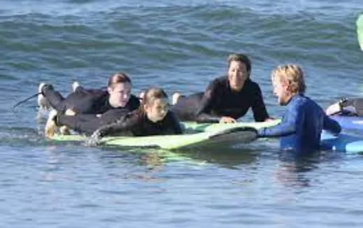 a group of people on surfboards