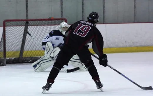 a hockey player in a red jersey