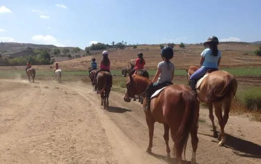 a group of people riding horses on a dirt road