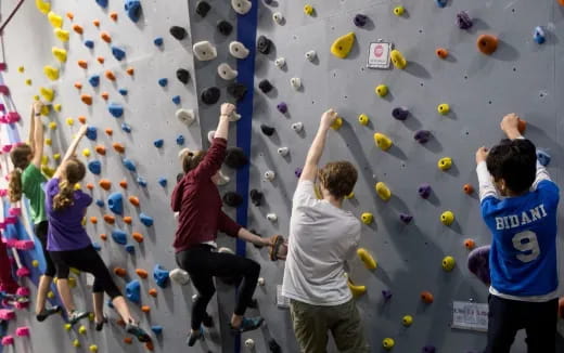 a group of kids climbing a rock wall