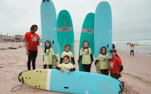 a group of people posing with their surfboards on a beach