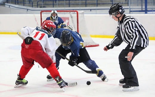 a group of people playing hockey