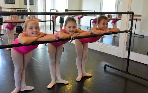 a group of children in pink leotards on a wooden floor