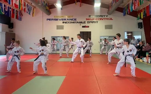 a group of people in karate uniforms