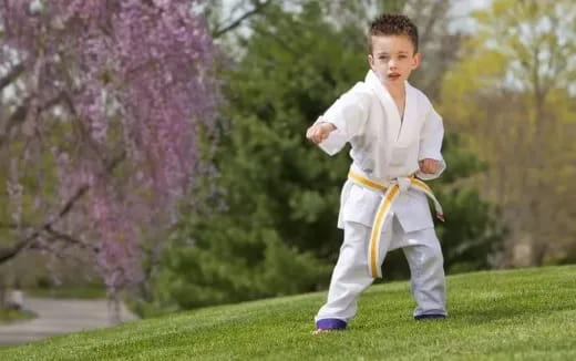 a boy in a karate uniform