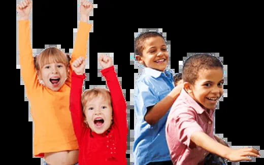 a group of children raising their hands