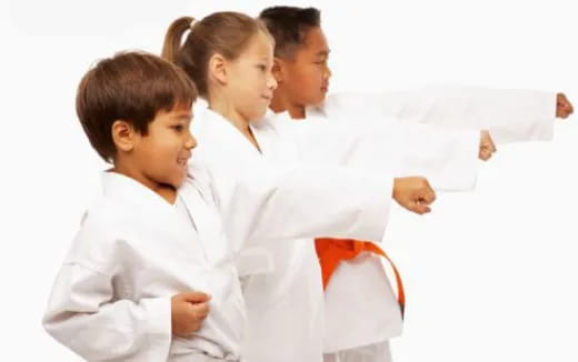 a group of people in white karate uniforms