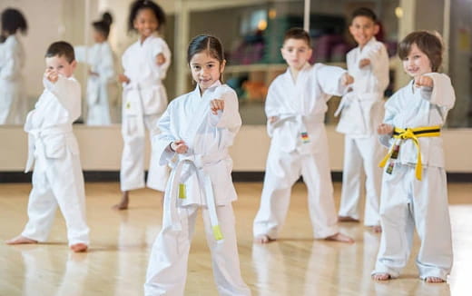 a group of children in karate uniforms