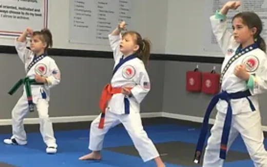 a group of girls in karate uniforms