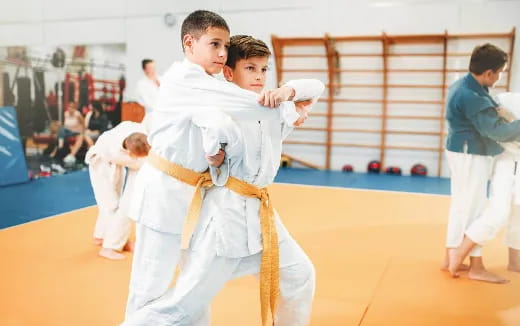 a group of boys in karate uniforms